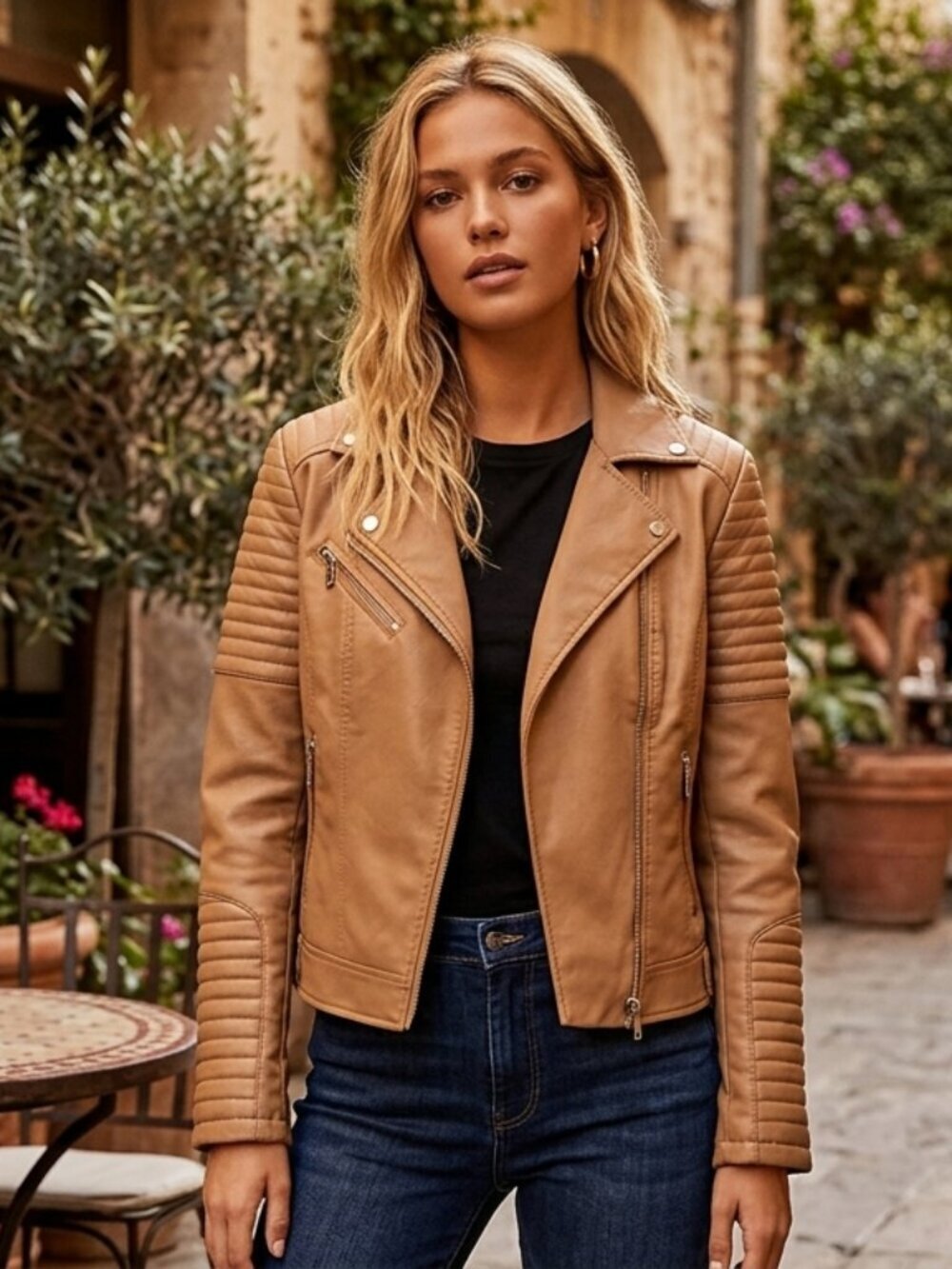 Azalea Wang Brown vegan Faux Leather Crop moto Biker Jacket Small 8160